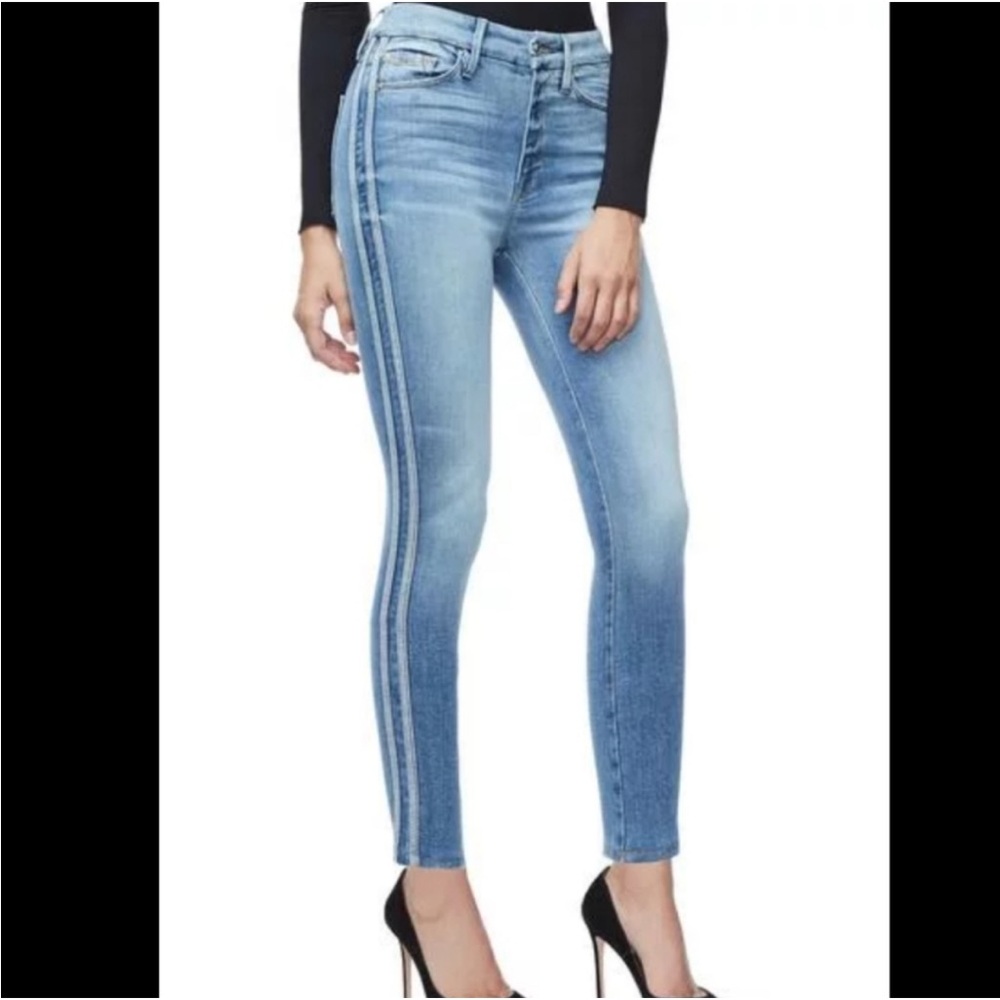 Good American Good Waist Athletic Stripe Skinny Jeans Blue 121 size 28